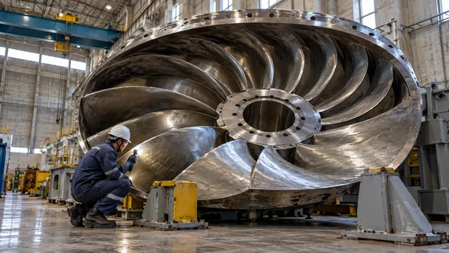 Rotor de turbina Francis em berço de manutenção, acompanhado por profissional protegido. — imagem ilustrativa