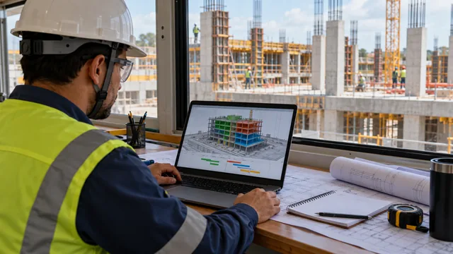 Modelo digital de etapas construtivas consultado em escritório de canteiro. — imagem ilustrativa