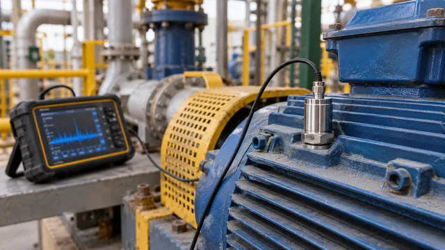 Sensor de vibração instalado na carcaça de um motor industrial. — imagem ilustrativa