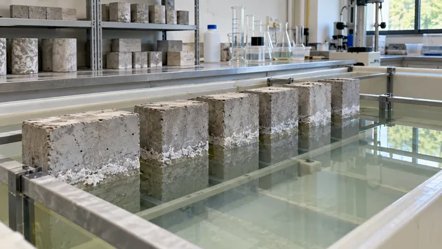 Corpos de prova de concreto em recipiente de exposição a solução de laboratório. — imagem ilustrativa