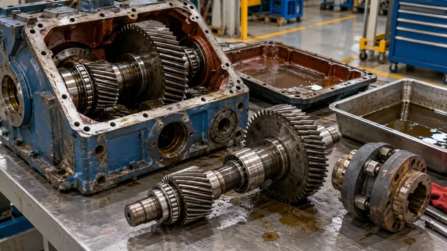 Redutor industrial desmontado para avaliação de engrenagens e acoplamentos. — imagem ilustrativa