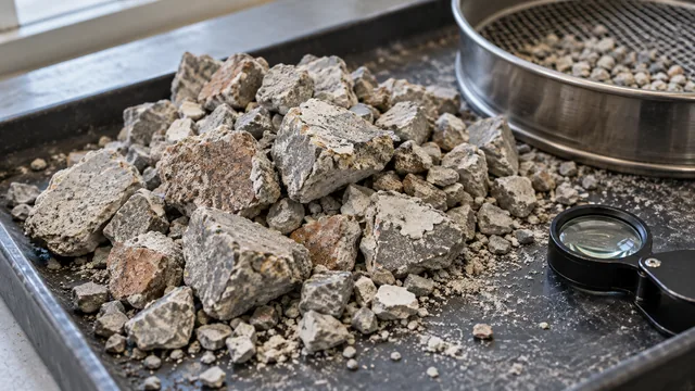 Agregados reciclados com fragmentos de argamassa aderida em bandeja de laboratório. — imagem ilustrativa