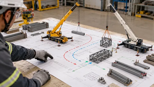 Estudo de sequência de atendimento com modelos de guindastes e componentes. — imagem ilustrativa