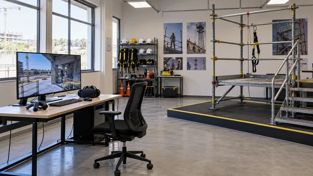 Sala de ensino com recursos imersivos e modelo físico de ambiente de obra. — imagem ilustrativa