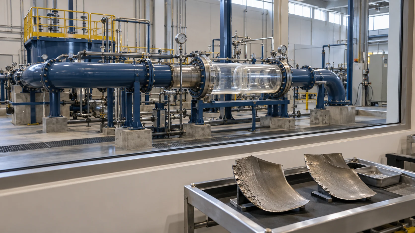 Instalação de ensaio hidráulico e amostras de materiais de turbina. — imagem ilustrativa