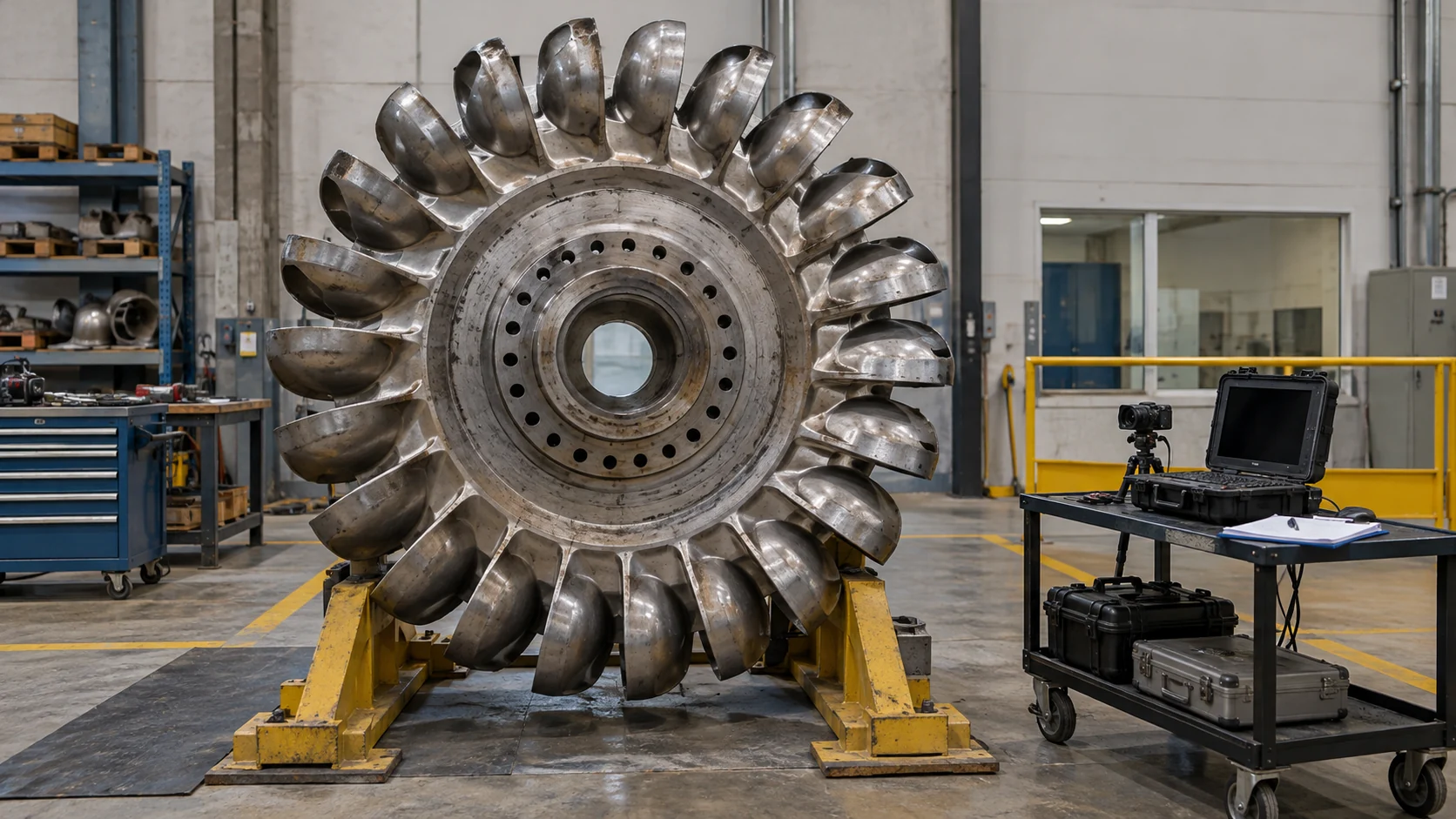 Rotor Pelton completo em berço de oficina com recursos de inspeção próximos. — imagem ilustrativa