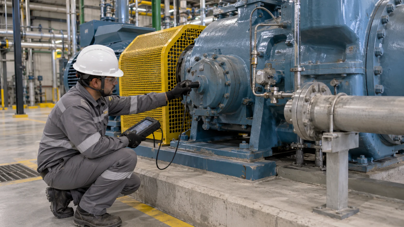 Avaliação externa de componente de compressor em condição segura de manutenção. — imagem ilustrativa