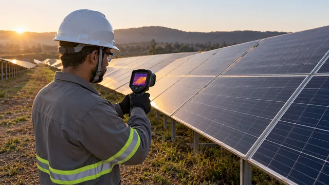Levantamento termográfico de instalação fotovoltaica por profissional protegido. — imagem ilustrativa