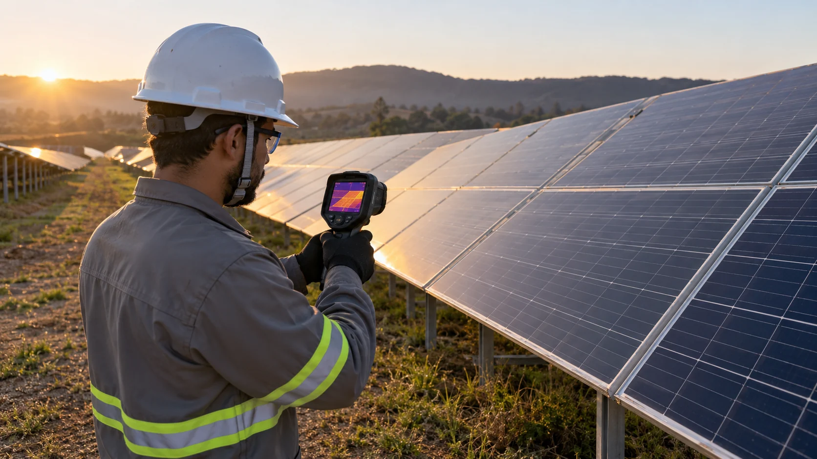 Levantamento termográfico de instalação fotovoltaica por profissional protegido. — imagem ilustrativa