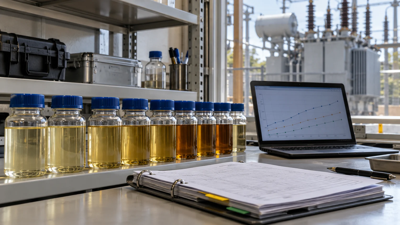 Sequência de amostras e registros históricos de óleo de transformador. — imagem ilustrativa