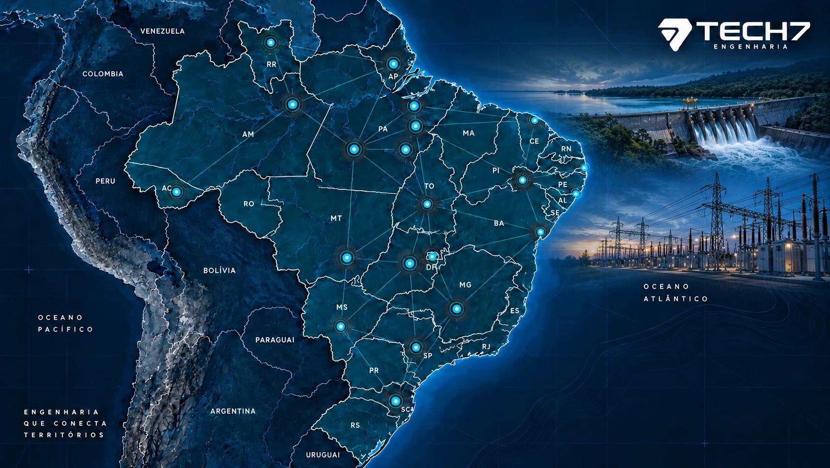 Ilustração institucional TECH7: mapa do Brasil conectado a uma barragem e a uma subestação de energia
